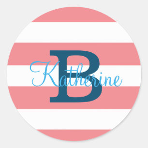 Preppy stripes blue and blush monogram sticker