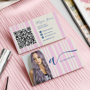 Preppy Stripes blue hair makeup photo initial qr Business Card