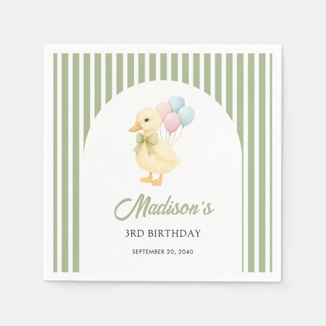 Preppy Stripes Cute Duck Theme Kids Birthday Party Napkin (Front)