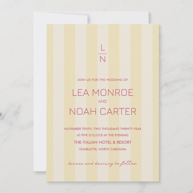 Preppy Stripes Lemon Yellow Monogram Modern PHOTO Invitation (Front)