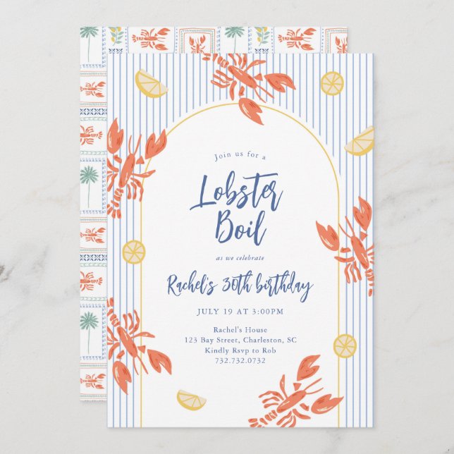 Preppy Stripes Lobster Boil Seafood Feast  Invitation (Front/Back)