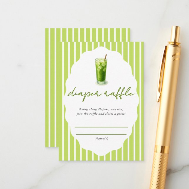 Preppy Stripes Matcha Baby Shower Diaper Raffle Enclosure Card (Front/Back In Situ)