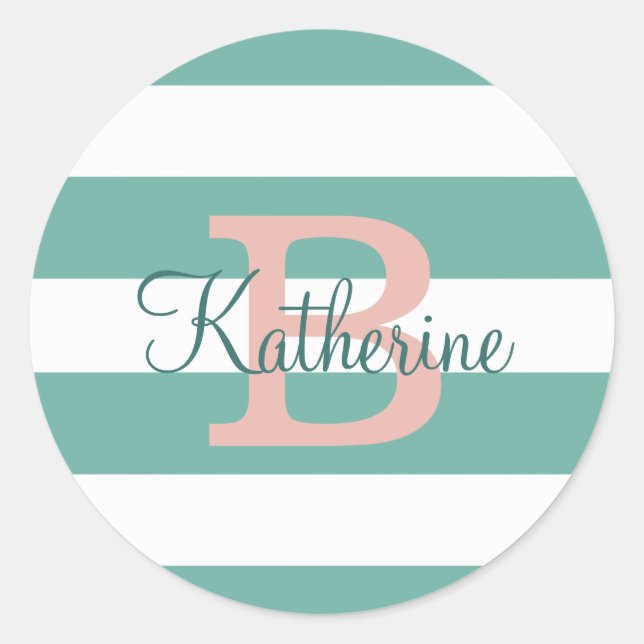 Preppy stripes mint and blush monogram Sticker (Front)