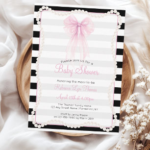 Preppy Stripes Pink Bow Pearls Baby Shower Invitation