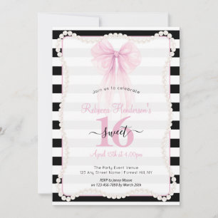 Preppy Stripes Pink Bow Pearls Sweet 16 Invitation