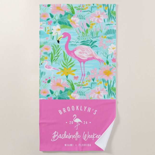 Preppy Summer Flamingo | Bachelorette Weekend Beach Towel (Front)