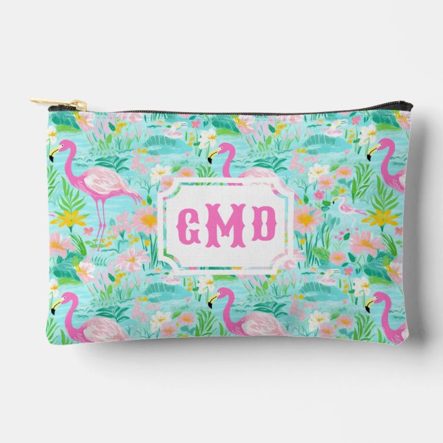 Preppy Summer Flamingo | Monogram  Accessory Pouch (Front)