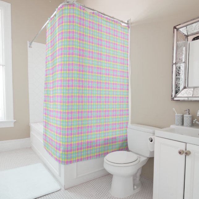 preppy summer plaid pastels watercolor shower curtain (In Situ)