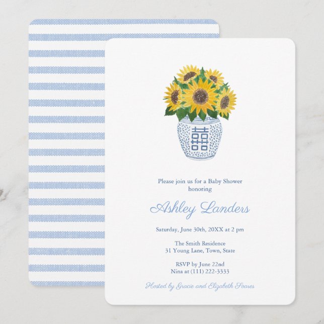 Preppy Sunflowers Blue And White Vase Baby Shower Invitation (Front/Back)