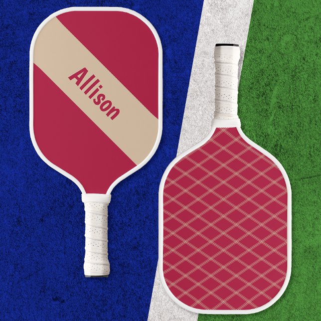 Preppy Tan on Magenta Pickleball Paddle with Name (Front and back views against pickleball court)