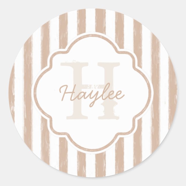 Preppy Tan Painted Stripes Monogram and Name Classic Round Sticker (Front)