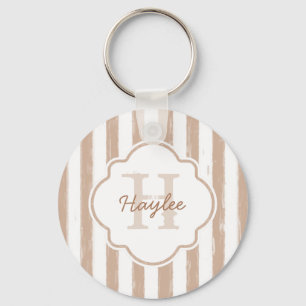Preppy Tan Painted Stripes Monogram and Name Key Ring