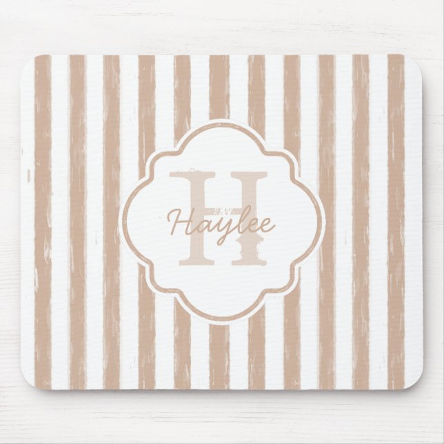 Preppy Tan Painted Stripes Monogram and Name Mouse Mat (Front)