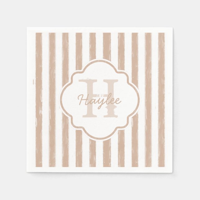 Preppy Tan Painted Stripes Monogram and Name Napkin (Front)