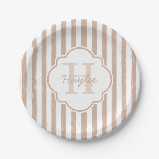 Preppy Tan Painted Stripes Monogram and Name Paper Plate (Front)
