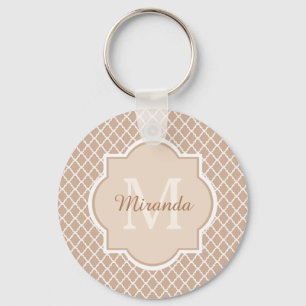 Preppy Tan Quatrefoil Mongogram With Name Key Ring