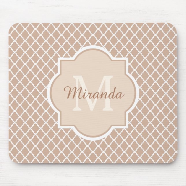 Preppy Tan Quatrefoil Mongogram With Name Mouse Mat (Front)