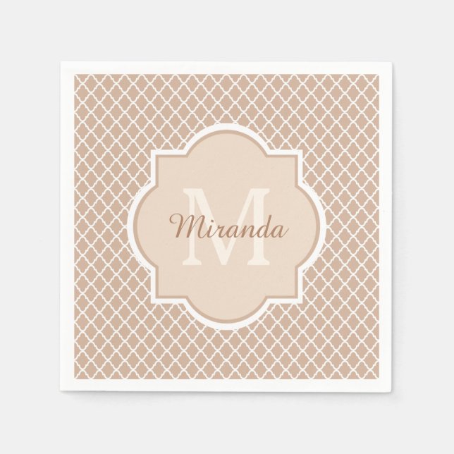 Preppy Tan Quatrefoil Mongogram With Name Napkin (Front)