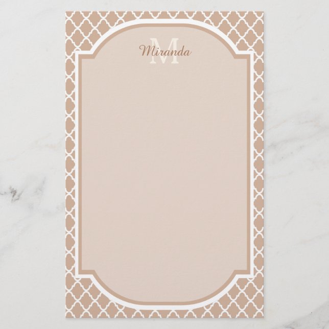 Preppy Tan Quatrefoil Mongogram With Name Stationery (Front)