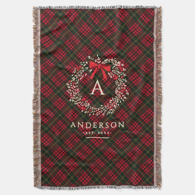 Preppy Tartan Holiday Wreath Monogram & Name Throw Blanket (Front Vertical)