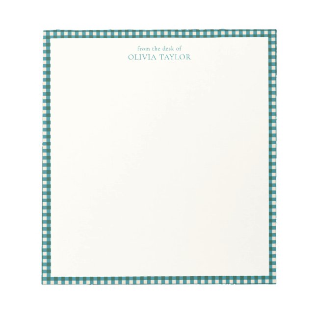 Preppy Teal Blue Gingham Plaid Personalised Name Notepad (Front)