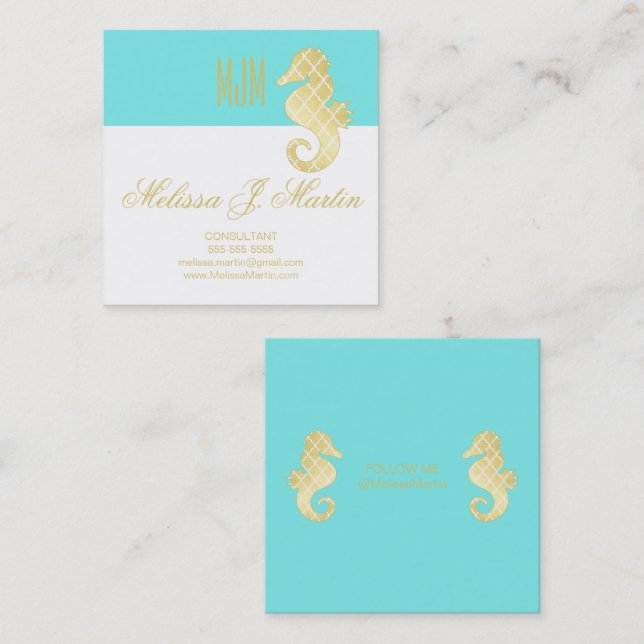 Preppy Teal Gold Seahorse Social Media Profile Square Business Card (Front/Back)
