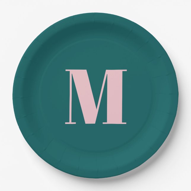 Preppy Teal Pink Modern Feminine Monogrammed Party Paper Plate (Front)