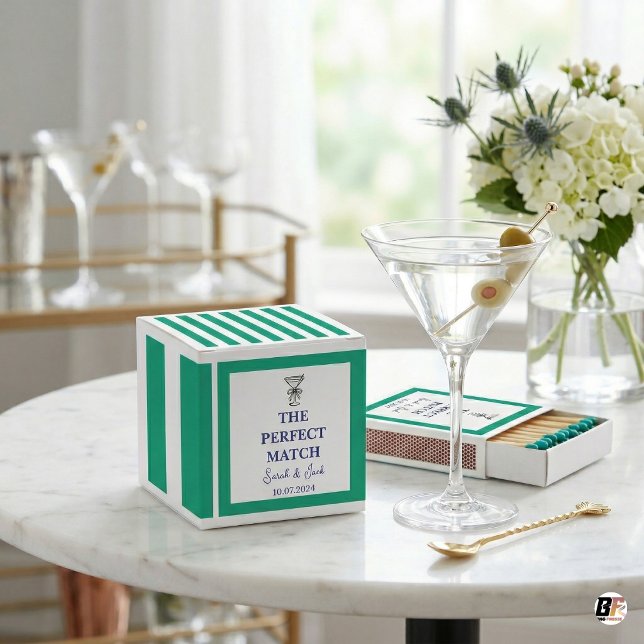 Preppy Teal Striped "The Perfect Match" Wedding Favour Box (Creator Uploaded)