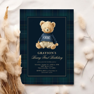 Preppy Teddy Bear 1st Birthday Invitation