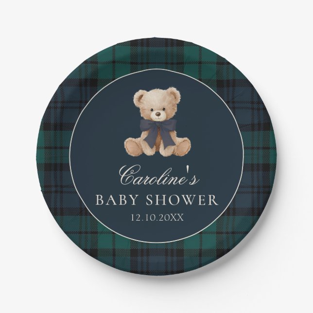 Preppy Teddy Bear Baby Shower Paper Plates (Front)