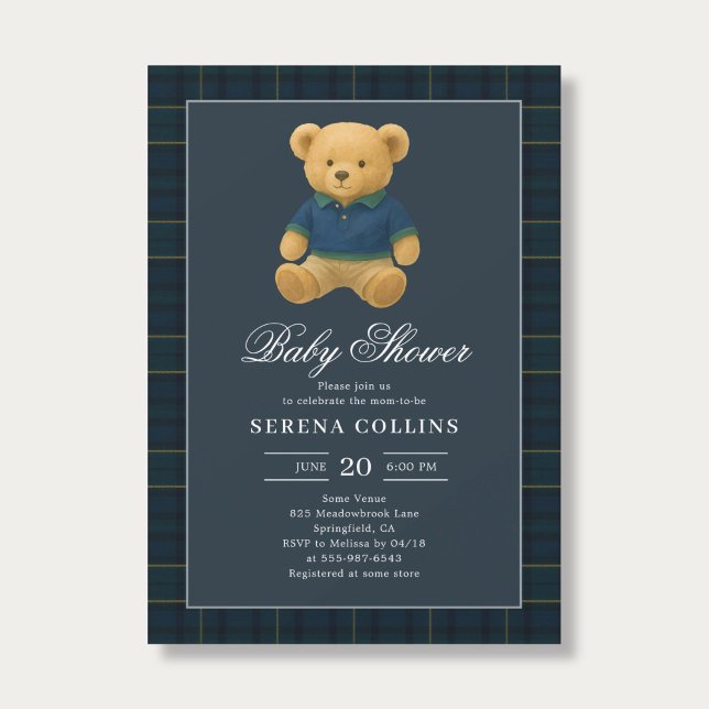 Preppy Teddy Bear Blue Baby Shower Invitation (Creator Uploaded)