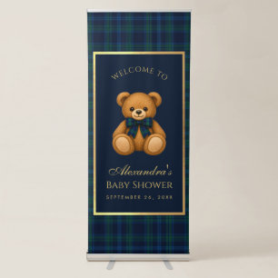 Preppy Teddy Bear Blue Tartan Gold Baby Shower Retractable Banner