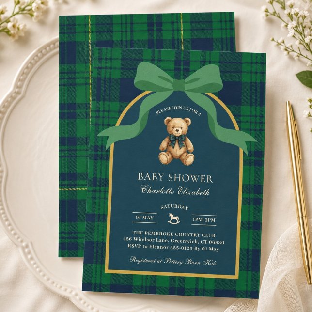 Preppy Teddy Bear Gingham Plaid Baby Shower Invitation (Preppy Teddy Bear Gingham Plaid Baby Shower Invitation)