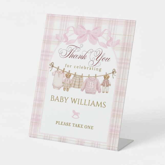 Preppy Teddy Bear Girl Baby Shower Plaid Bow Favor Pedestal Sign (Front)