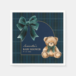 Preppy Teddy Bear Green Plaid Baby Shower Napkins