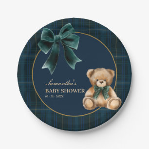 Preppy Teddy Bear Green Plaid Baby Shower   Paper Plate
