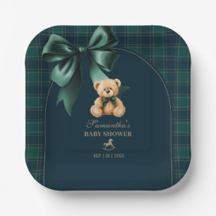 Preppy Teddy Bear Green Plaid Boy Baby Shower Paper Plate