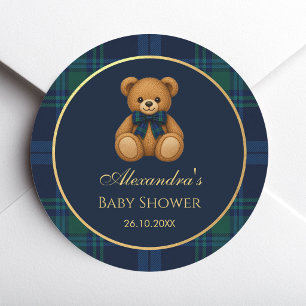 Preppy Teddy Bear Navy Blue Tartan Baby Boy Shower Classic Round Sticker