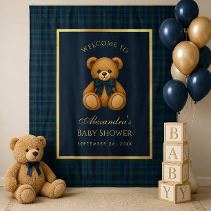 Preppy Teddy Bear Navy Tartan Baby Shower Backdrop Tapestry