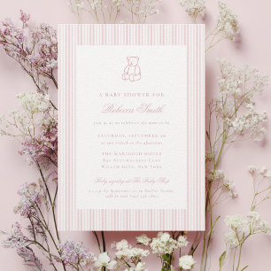 Preppy Teddy Bear Pink Girl Elegant Baby Shower Invitation