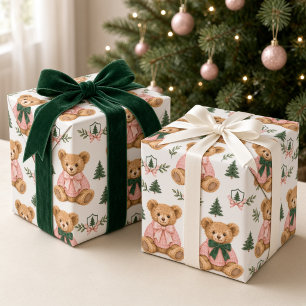 Preppy Teddy Bear Pink Green Christmas Wrapping Paper