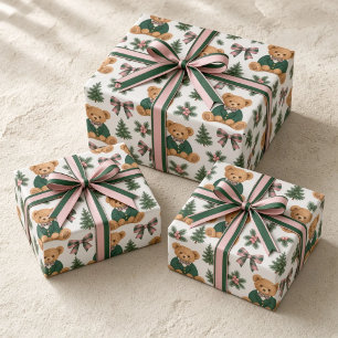 Preppy Teddy Bear Pink Green Plaid Bow Christmas Wrapping Paper