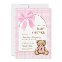 Preppy Teddy Bear Pink Plaid Baby Shower Invite