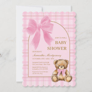 Preppy Teddy Bear Pink Plaid Baby Shower Invite
