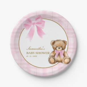 Preppy Teddy Bear Pink Plaid Baby Shower   Paper Plate