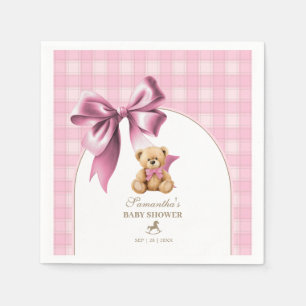 Preppy Teddy Bear Pink Plaid Girl Baby Shower Napkin