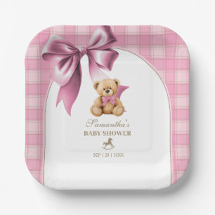 Preppy Teddy Bear Pink Plaid Girl Baby Shower Paper Plate