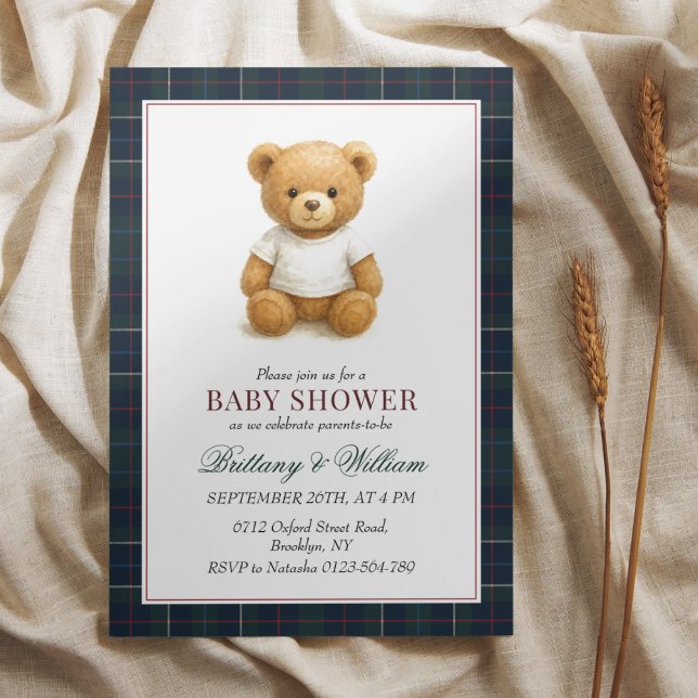 Preppy Teddy Bear Plaid Baby Shower  Invitation (Creator Uploaded)