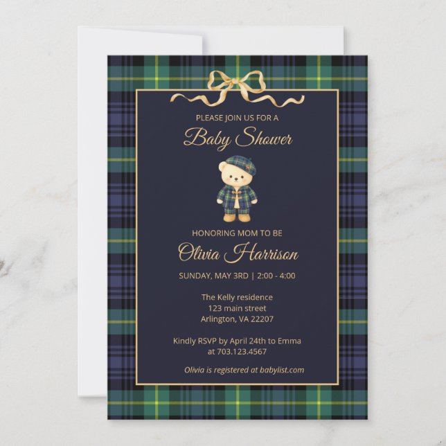 Preppy Teddy Bear Plaid Baby Shower Invitation (Front)