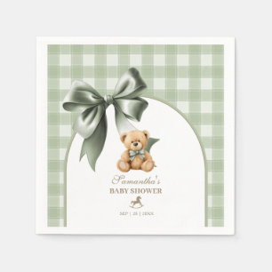 Preppy Teddy Bear Sage Green Plaid Baby Shower Napkin